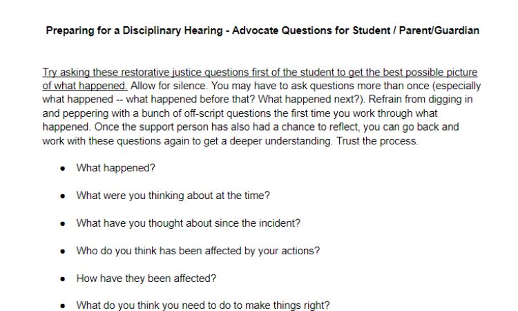 Student Advocacy Center of Michigan – Restorative Questions to Prepare for a Disciplinary Hearing