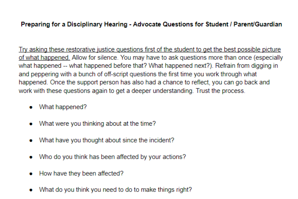 Student Advocacy Center of Michigan – Restorative Questions to Prepare for a Disciplinary Hearing