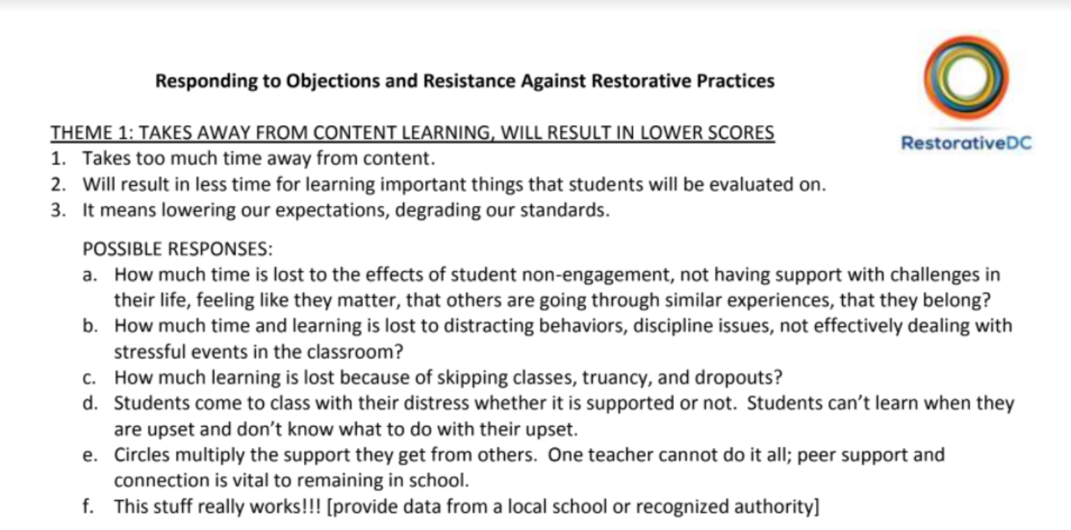 Restorative DC – Responding to Objections and Resistance Against Restorative Practices