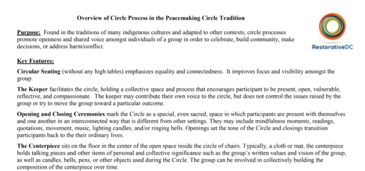 Restorative DC – Overview of Circle Process in the Peacemaking Circle Tradition