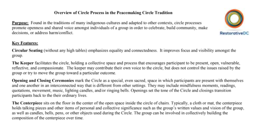 Restorative DC – Overview of Circle Process in the Peacemaking Circle Tradition